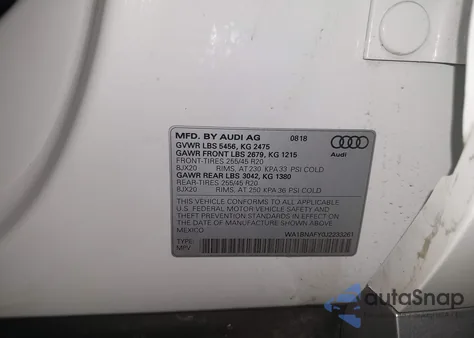 2018 Audi Q5 2.0T Premium/2.0T Tech Premium z USA, uszkodzony, nr VIN WA1BNAFY0J2233261